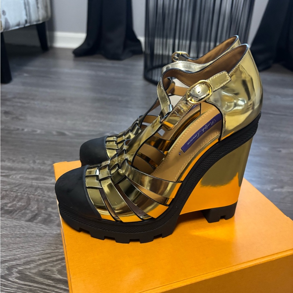 Ralph Lauren Purple Label Gold Wedge Sandals